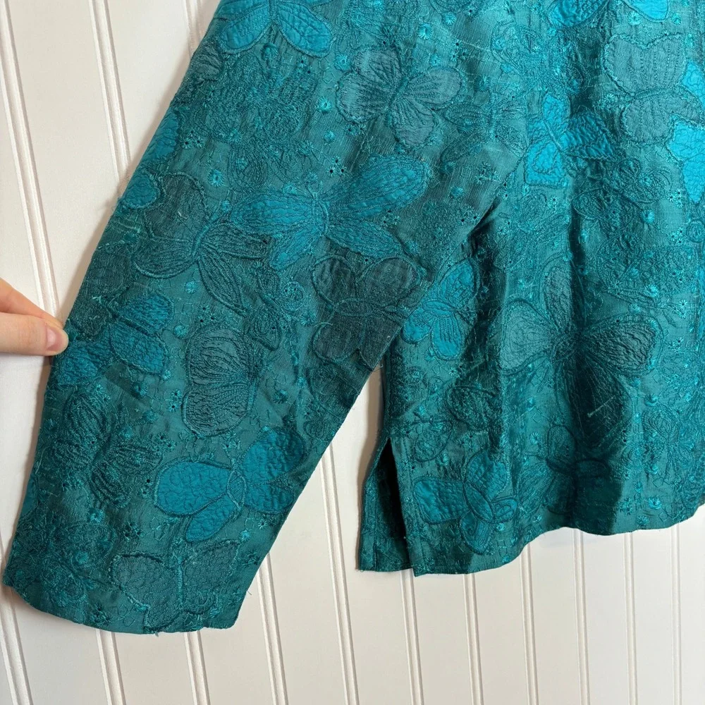 Vintage Chico's Teal Floral Button Up Blouse L Butterfly Silk Artsy Boho Retro - Picture 5 of 10